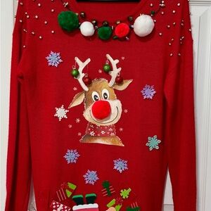 WD.NY Red Reindeer Sweater with fun design for your ugly sweater party!!